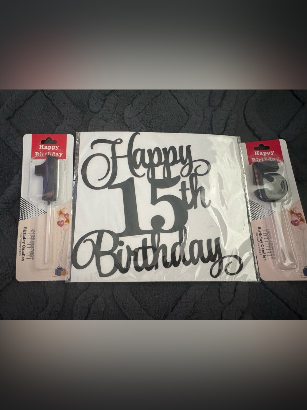 Black 'Happy 15th Birthday' Cake Topper & Number Candles Set